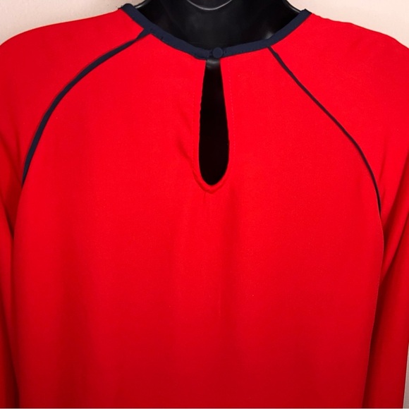 Petite Small Banana Republic Red Long Sleeve Blouse Dark Navy Blue Trim - Picture 8 of 13